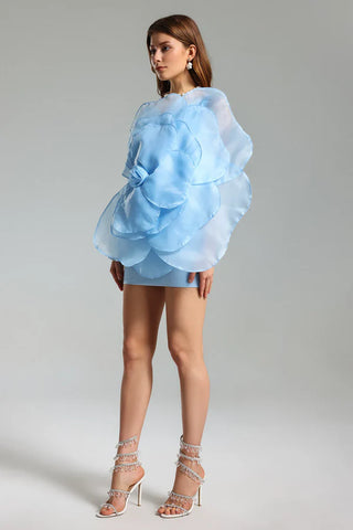 3D Voluminous Organza Floral Mini Dress - Blue