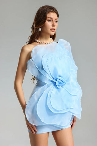 3D Voluminous Organza Floral Mini Dress - Blue