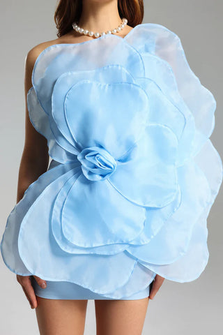 3D Voluminous Organza Floral Mini Dress - Blue