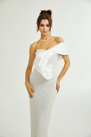 Maura faux-pearl off-shoulder dress