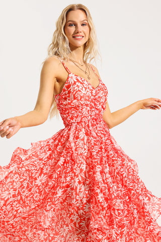 Floral Ruched Ruffle Cami Maxi Dress