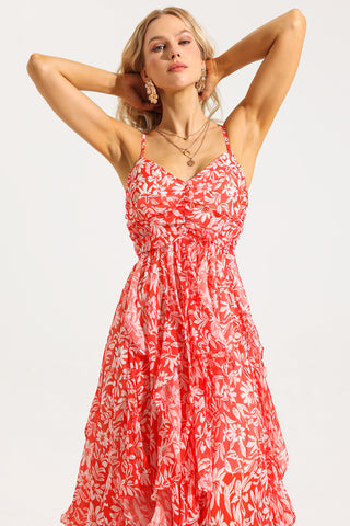 Floral Ruched Ruffle Cami Maxi Dress