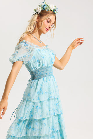 Floral Ruffle Pleated Off-Shoulder Midi Dress Blue