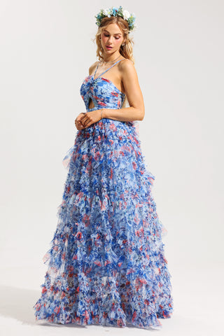 3D Floral Halter Neck Frill Maxi Dress