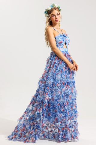 3D Floral Halter Neck Frill Maxi Dress