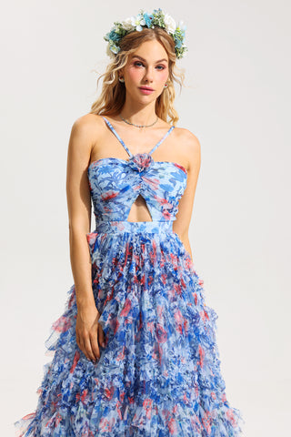 3D Floral Halter Neck Frill Maxi Dress