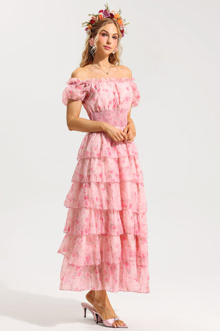 Floral Ruffle Pleated Off-Shoulder Midi Dress Pink