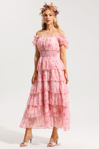 Floral Ruffle Pleated Off-Shoulder Midi Dress Pink