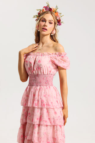 Floral Ruffle Pleated Off-Shoulder Midi Dress Pink