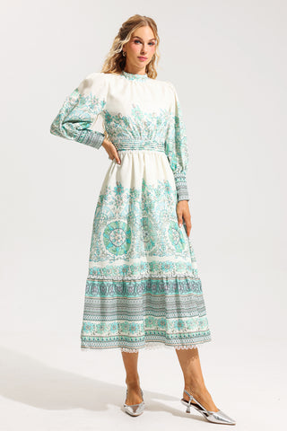 Floral Lantern Sleeve Pleated Midi Dress