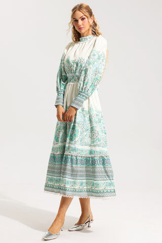 Floral Lantern Sleeve Pleated Midi Dress