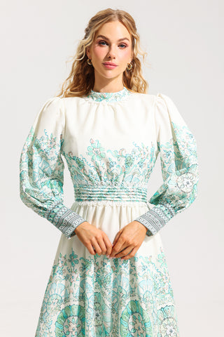 Floral Lantern Sleeve Pleated Midi Dress