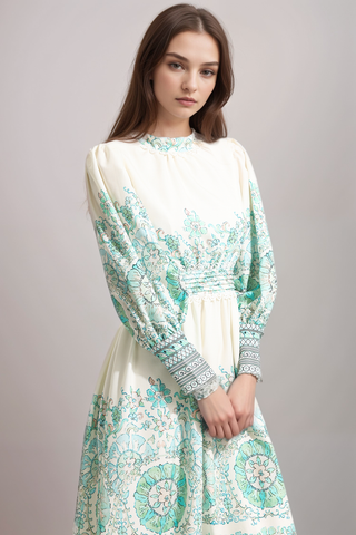 Floral Lantern Sleeve Pleated Midi Dress