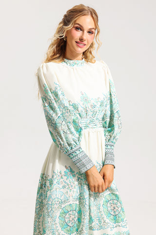 Floral Lantern Sleeve Pleated Midi Dress