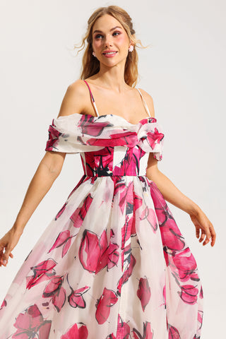 Floral Off-Shoulder Pleated Midi Dress