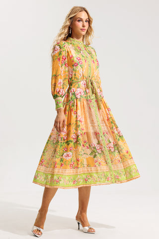 Floral Bottom Lantern Sleeve Midi Dress With Belt