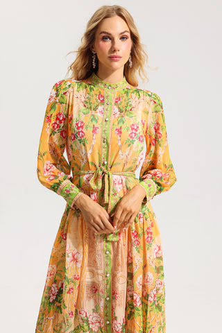 Floral Bottom Lantern Sleeve Midi Dress With Belt