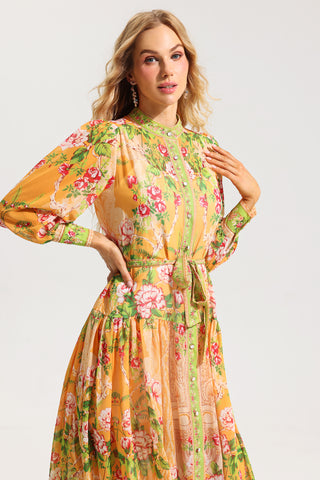 Floral Bottom Lantern Sleeve Midi Dress With Belt