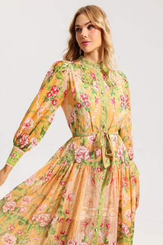 Floral Bottom Lantern Sleeve Midi Dress With Belt