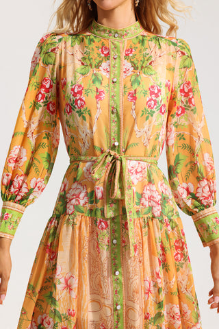 Floral Bottom Lantern Sleeve Midi Dress With Belt