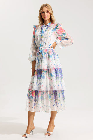 Floral Ruffle Long Sleeve Midi Dress With Belt