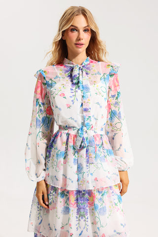 Floral Ruffle Long Sleeve Midi Dress With Belt