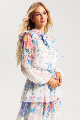 Floral Ruffle Long Sleeve Midi Dress With Belt