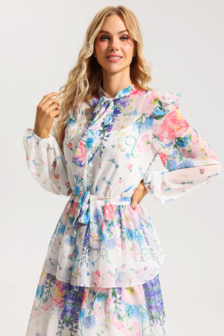 Floral Ruffle Long Sleeve Midi Dress With Belt