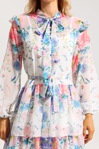 Floral Ruffle Long Sleeve Midi Dress With Belt