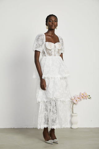 Mélisande layered lace-trim midi dress