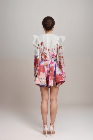 Marjolaine flared-sleeve floral-print mini dress