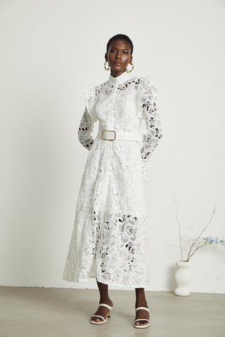 Noémie lace floral-embroidered midi dress in White