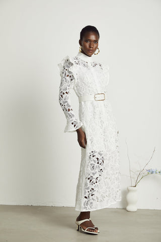 Noémie lace floral-embroidered midi dress in White