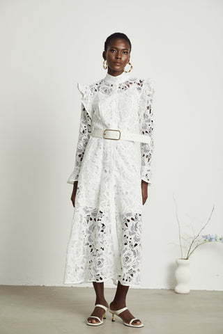 Noémie lace floral-embroidered midi dress in White