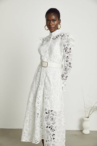 Noémie lace floral-embroidered midi dress in White