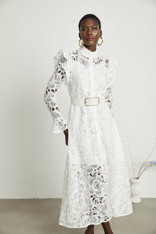 Noémie lace floral-embroidered midi dress in White