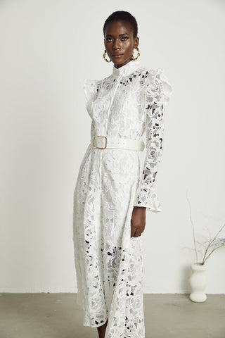 Noémie lace floral-embroidered midi dress in White