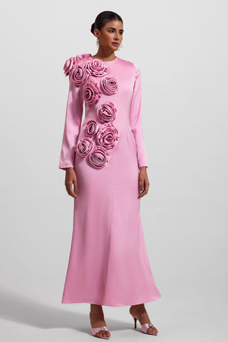 3D Floral Satin Long Sleeve Midi Dress