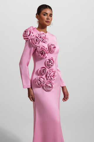 3D Floral Satin Long Sleeve Midi Dress