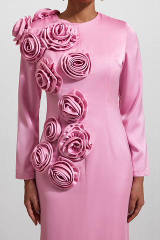 3D Floral Satin Long Sleeve Midi Dress