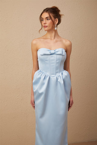 Sylvie blue satin bowknot off-shoulder midi dress