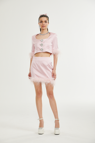 Flavia satin feather top & skirt matching set