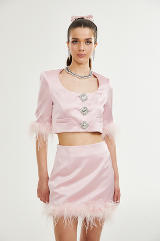 Flavia satin feather top & skirt matching set