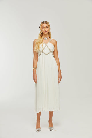 Hermine V-neck faux-pearl embellished midi dress