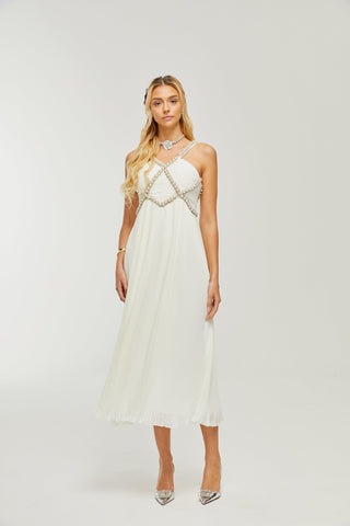 Hermine V-neck faux-pearl embellished midi dress