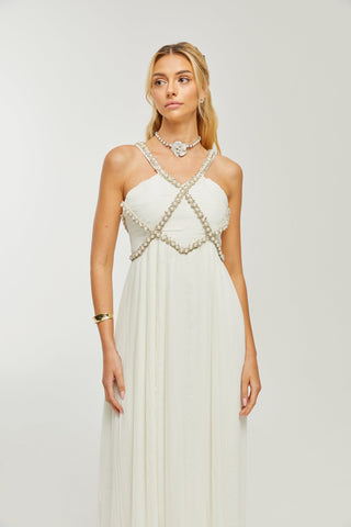 Hermine V-neck faux-pearl embellished midi dress