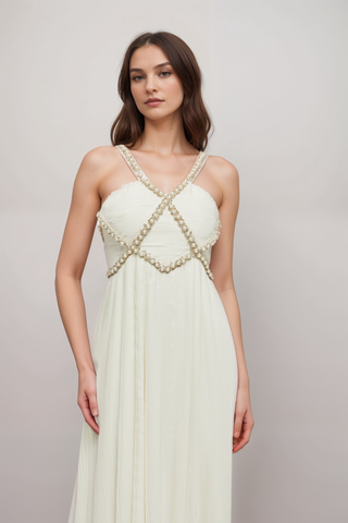 Hermine V-neck faux-pearl embellished midi dress