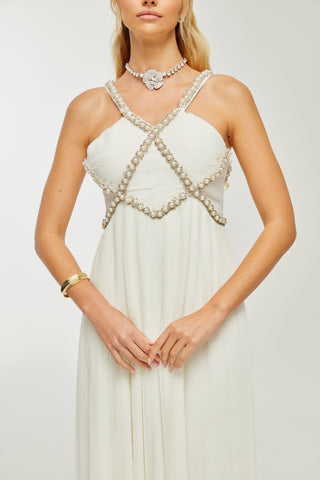 Hermine V-neck faux-pearl embellished midi dress