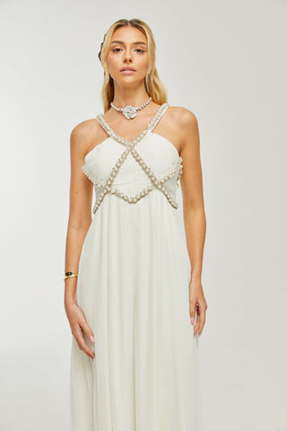 Hermine V-neck faux-pearl embellished midi dress