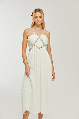 Hermine V-neck faux-pearl embellished midi dress